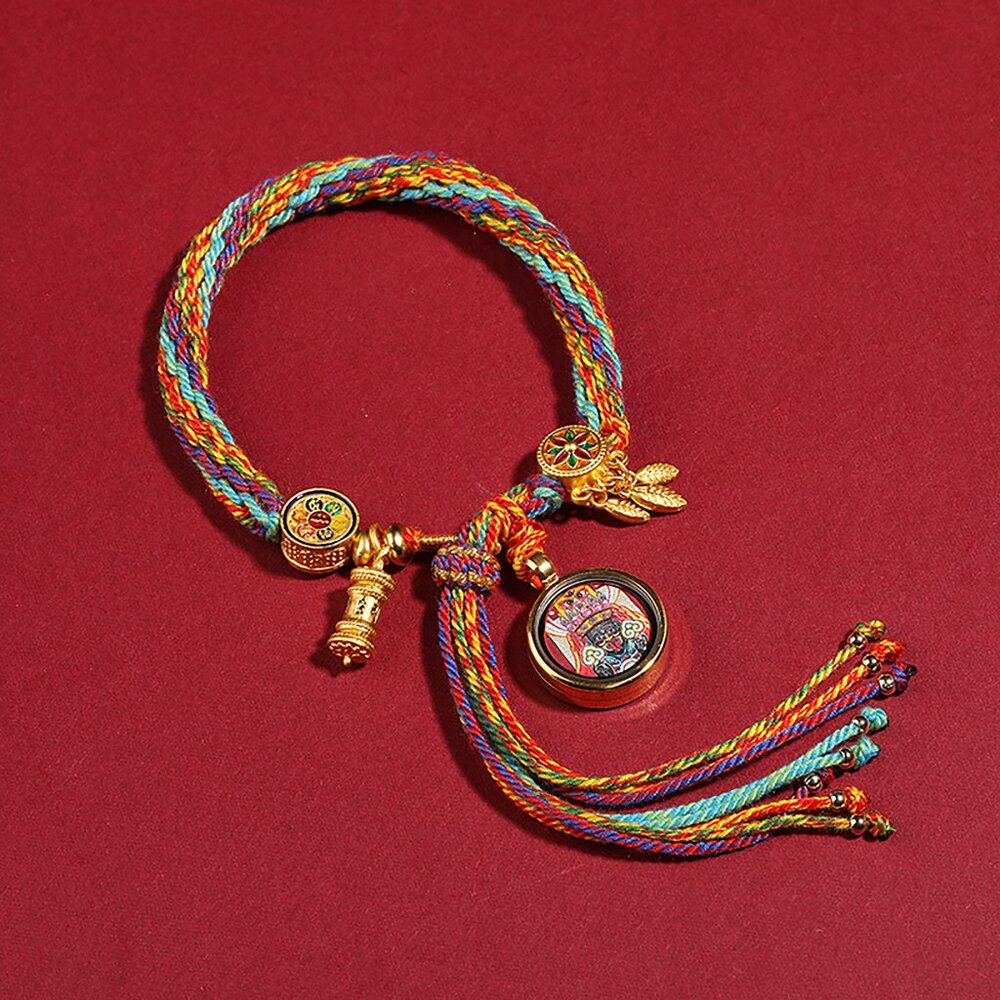 Zakiram Thangka Bracelet, Colorful Rope, God of Wealth,Ritual Rice Amulet